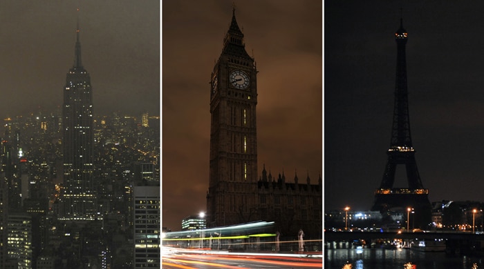 This split image shows the Empire State Building (L) in New York, Big Ben (C) in London and the Eiffel Tower (R) in Paris with lights turned off during Earth Hour on March 28, 2009. Icons including the Great Pyramids, Eiffel Tower and China's Forbidden City will be plunged into darkness as millions take part in the rolling grassroots movement aimed at thwarting climate change. (AFP Photo)