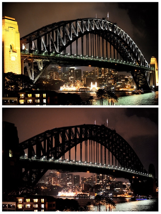 This image shows Sydney Harbour Bridge, with lights on (top) and lights off (below) as part of Earth Hour. (AFP Photo)