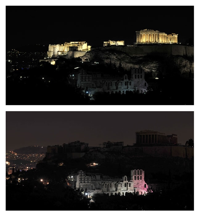 This combination photo shows the ancient Parthenon Temple on top of the Acropolis hill before and during lights out as Greece participates in Earth Hour in Athens. (AFP Photo)