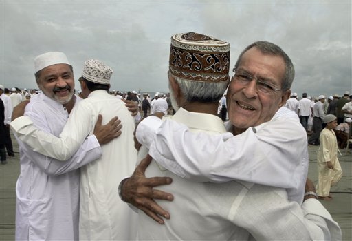 In this picture, Sri Lankan Muslims hug each other after a prayer session to mark Eid ul-Fitr.(AP Photo)