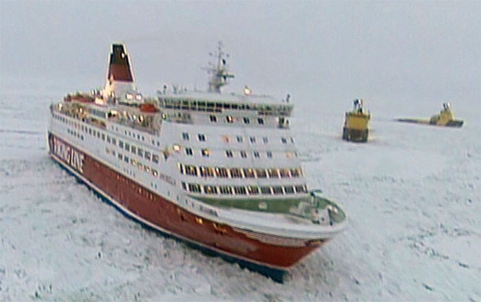 A number of vessels, including several passenger ferries shuttling as many as 1,000 passengers each between Sweden, Finland and Estonia, became stuck Thursday just outside the Stockholm archipelago, where freezing winds had pushed thick ice towards the coast. (AP Photo)