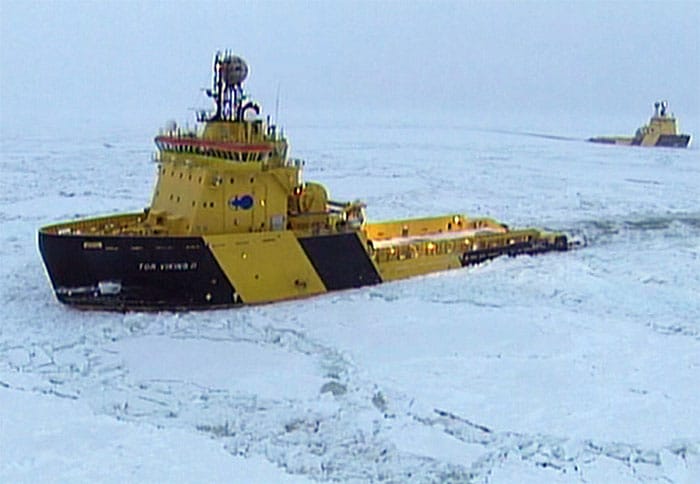 Two ice breakers failed to free the Amorella and several other ferries yesterday, forcing them to wait for the larger Ymer ice breaker to sail down from the Bay of Bothnia in the north. (AP Photo)