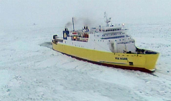 Three other ferries that got stuck in the ice were able to break free on Thursday. One of those ships, the Finnfellow, collided lightly with the Amorella when the ice pressed the two ships together, officials said. (AP Photo)