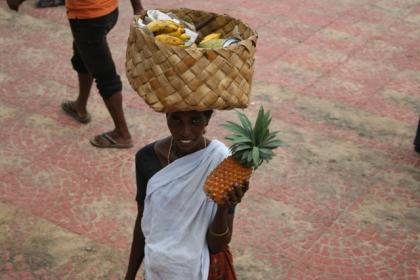 <b>Fruit-full: </b>A fruit seller carries a pineapple; a part of her offering. (Image: Naghma Sahar)