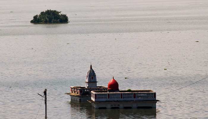 Temple submerged in water of river Ganga in Allahabad on Friday. (PTI Photo)