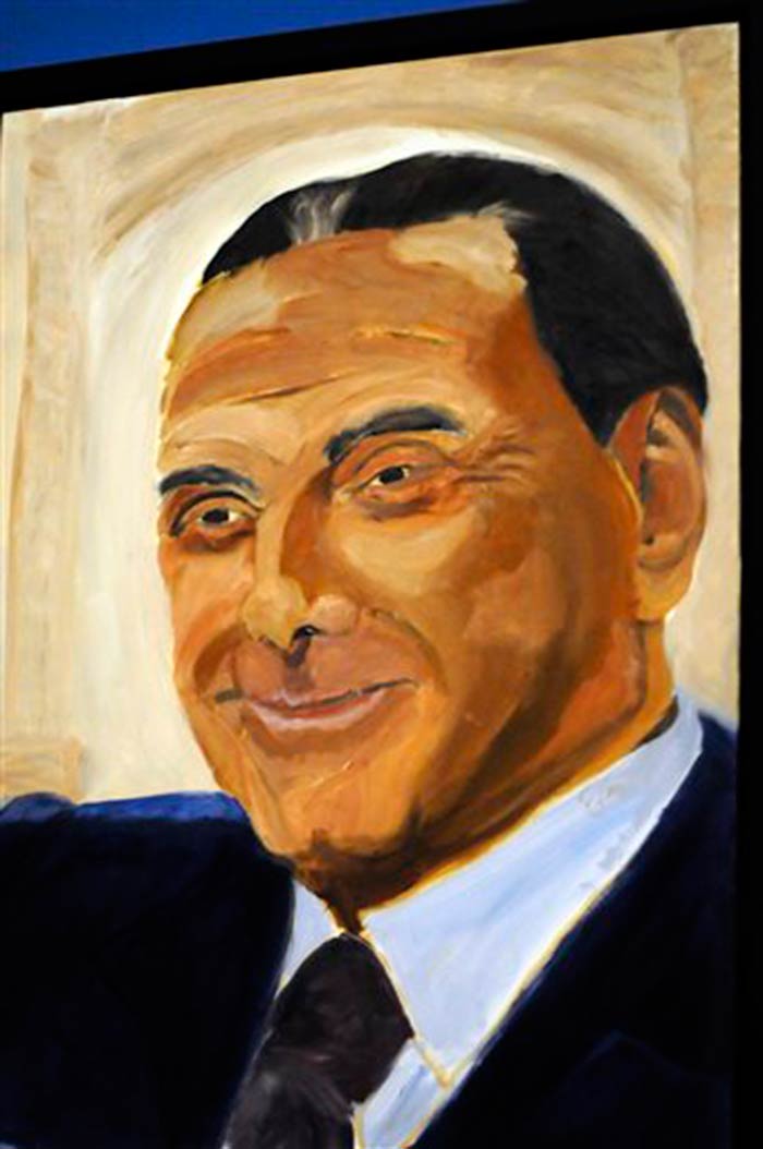 A portrait of former Italian Prime Minister Silvio Berlusconi.