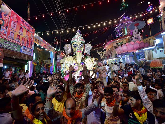 The celebrations ahead of the procession ceremony of the Ganesh Chaturthi festival in Moradabad.