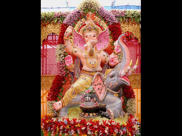 A massive idol of Lord Ganesh decorated with flowers in Beawar in Rajasthan.