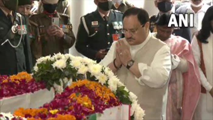 BJP national president JP Nadda pays tribute to General Bipin Rawat and his wife Madhulika Rawat.