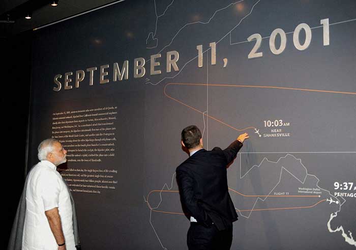 Prime Minister Narendra Modi visits 9/11 Memorial exhibition in New York, USA on Saturday. (Press Trust of India photo)