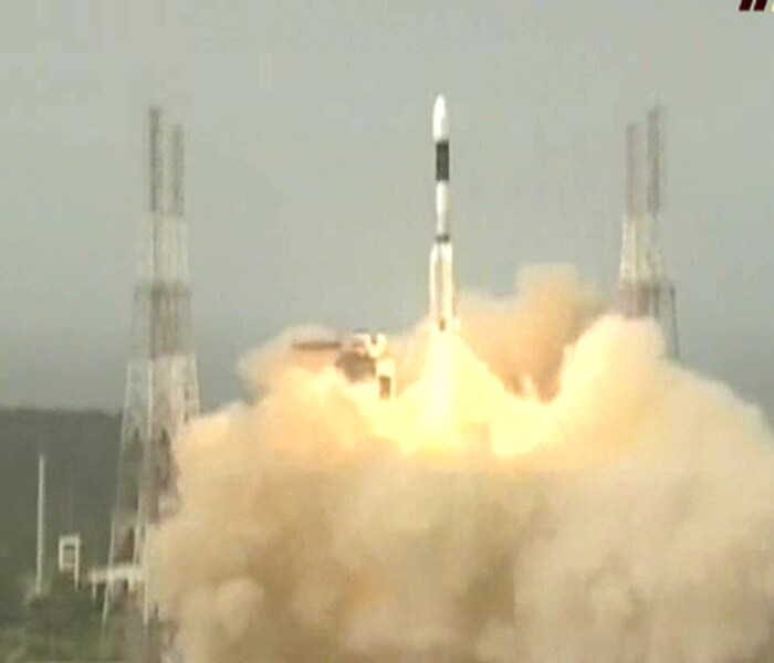 The first stage separates and the second stage, powered by a liquid engine takes over, while the heat shield is shed. <br><br>
At an altitude of about 130 kilometres, the second stage separates and the all-important cryogenic engine takes over. Using very cold liquid oxygen and liquid hydrogen as fuel, this special engine helps launch heavier satellites into space.