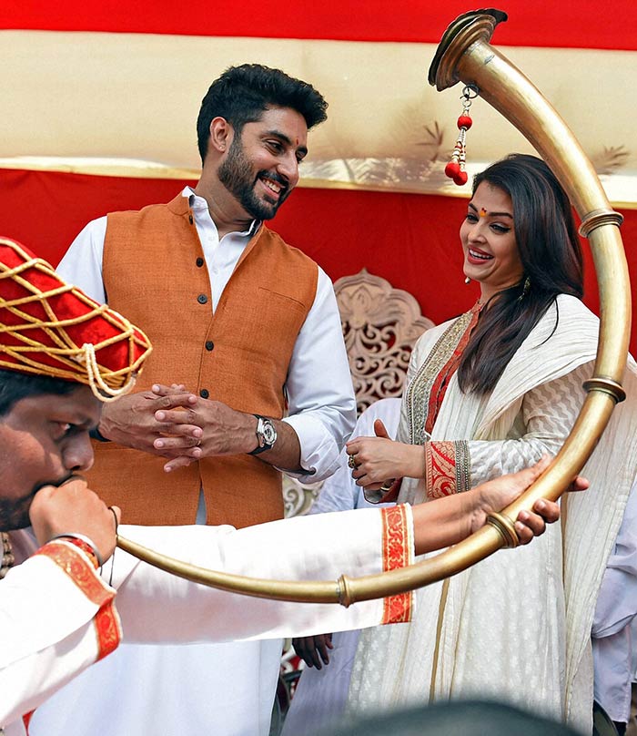 Bollywood actor Abhishek Bachchan and Aishwarya Rai Bachchan take part in a Gudi Padwa celebrations in Mumbai.