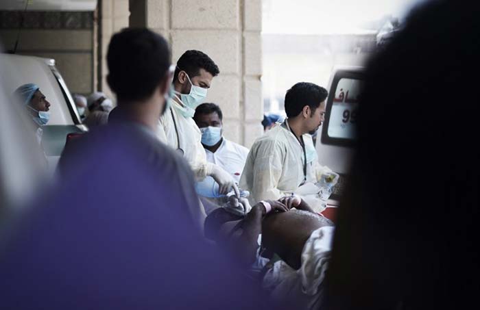 Images on television and social media showed pilgrims on stretchers and emergency workers at the site. (AP Photo)