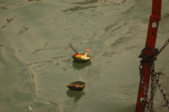 Offerings of flowers, burnt camphor and incense sticks are released into the waters by devotees. (Image Courtesy: Tejas Mehta)