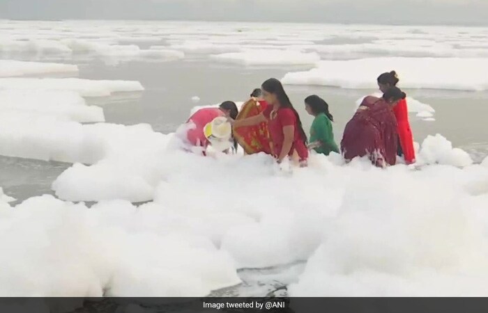 Toxic White Foam Appears In Yamuna As Devotees Take A Dip On Chhath Puja