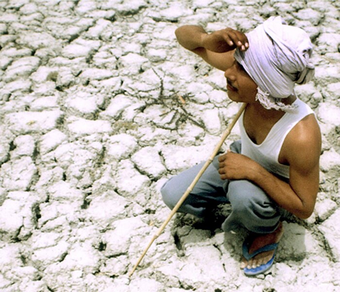 <b>Hoping against hope:</b>A farmer anxiously looks towards the sky to find any clouds in the distance as the sky above him is clear and discouraging. (AFP image)