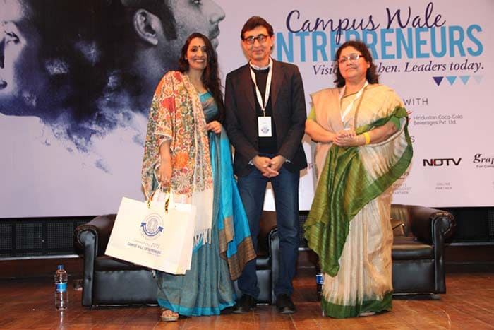 Nilanjana Jha, Chief Editor - News at NDTV Convergence (L) shares the stage with IIMC Director General Sunit Tandon (C) and IIMC Alumni Association President Sunila Dhar.