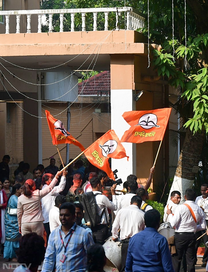 Shiv Sena supporters celebrate outside Varsha Bungalow in Mumbai as Mahayuti alliance win in the Maharashtra elections