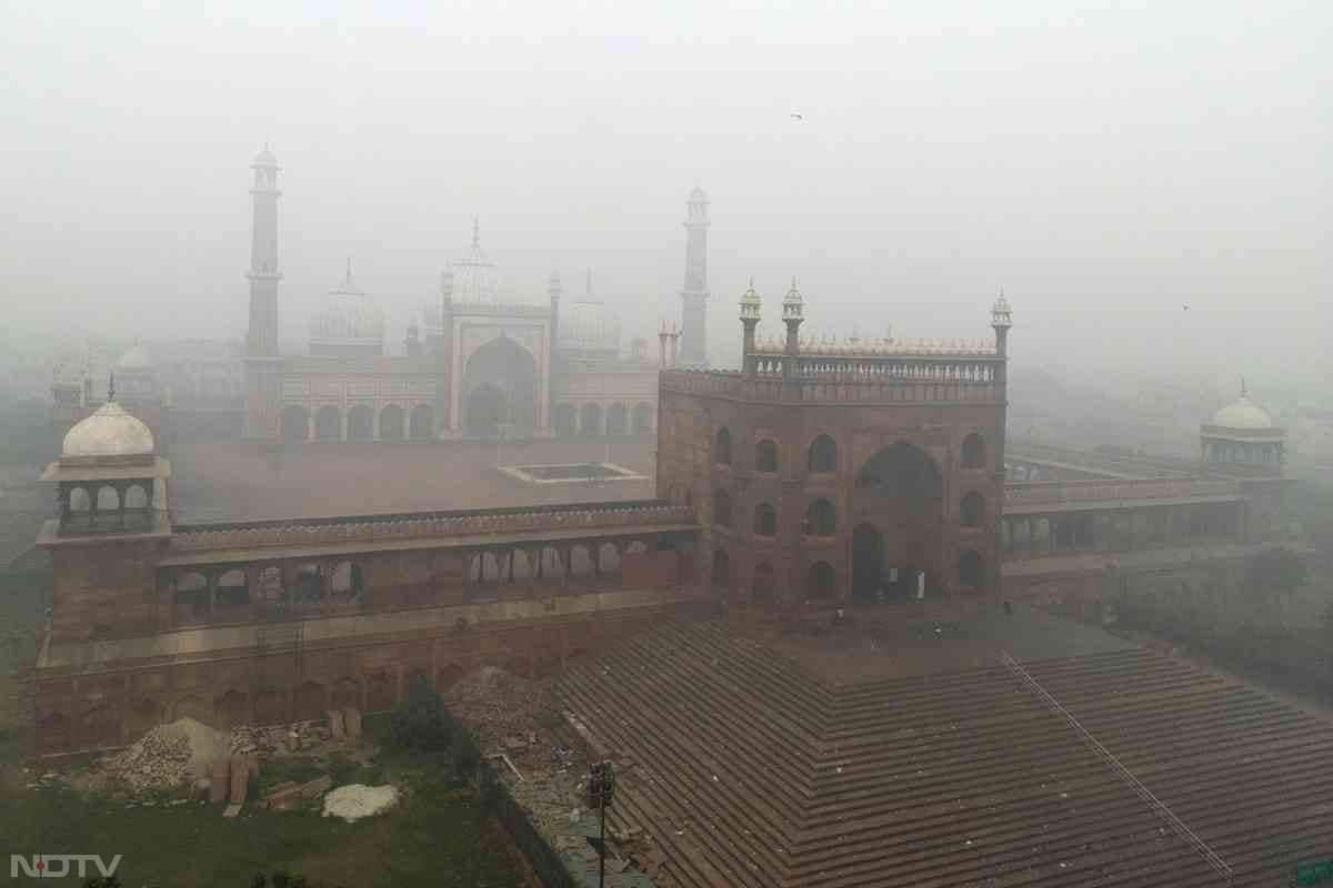 An aerial view shows Jama Masjid engulfed in thick smog, as Delhi wakes up to season's worst air quality index