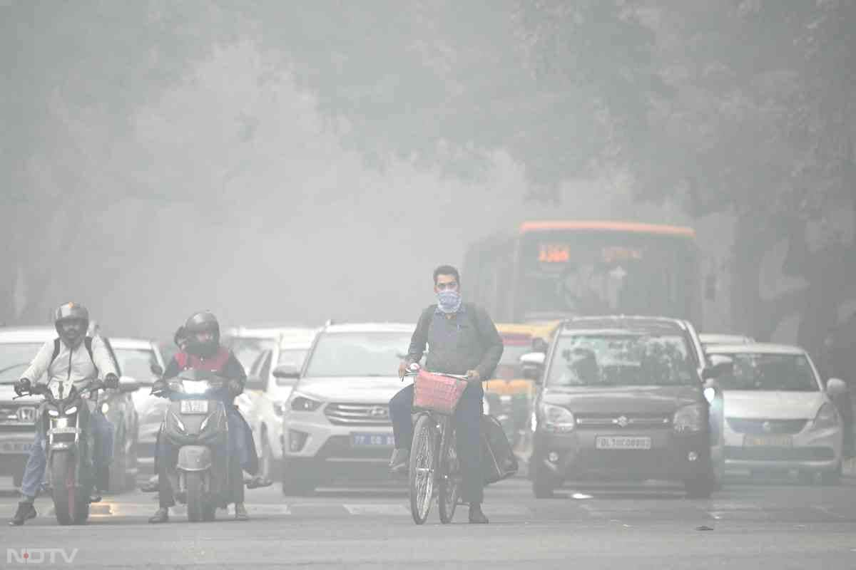 A cyclist with his face covered in cloth rides along a street on a cold smoggy in the national capital