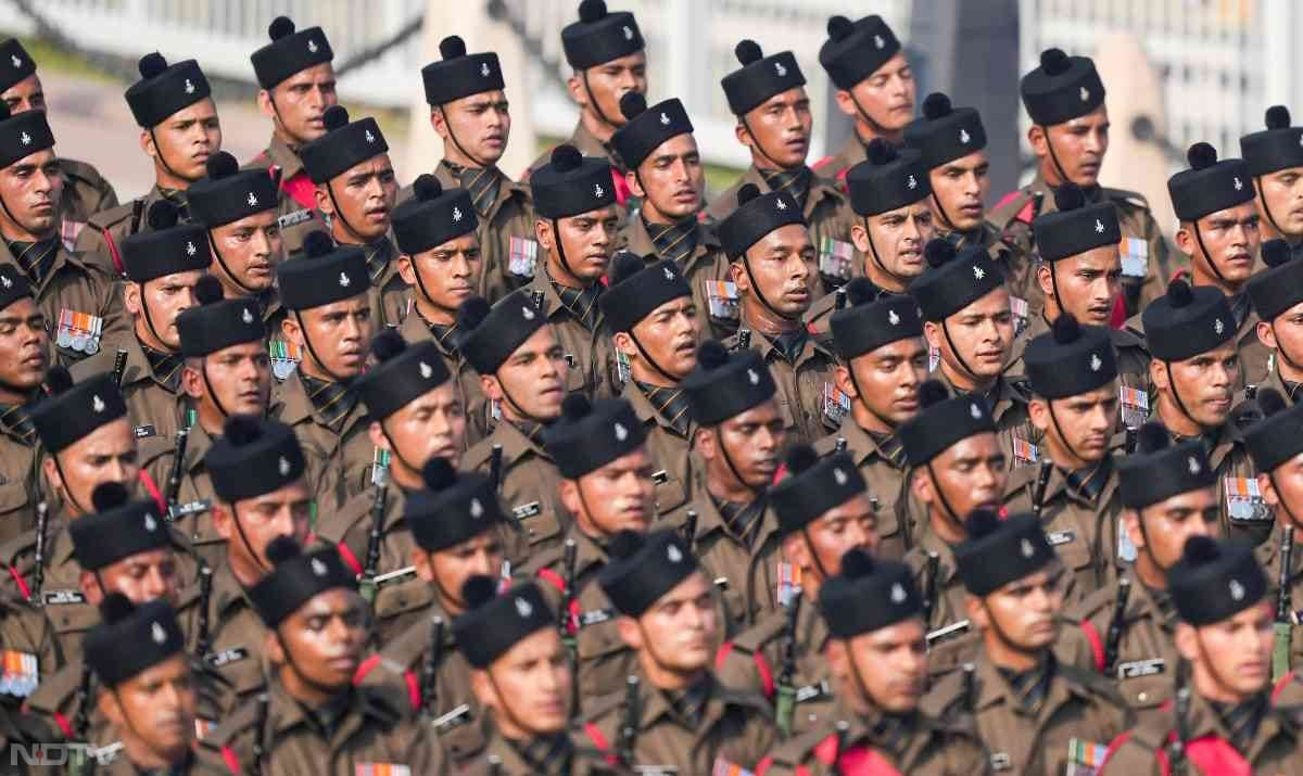 A marching contingent of the Indian Army during the full dress rehearsal  at the Kartavya Path