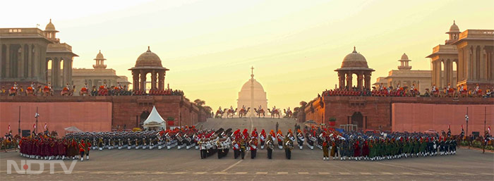 Tri-services bands perform during the Beating Retreat ceremony.