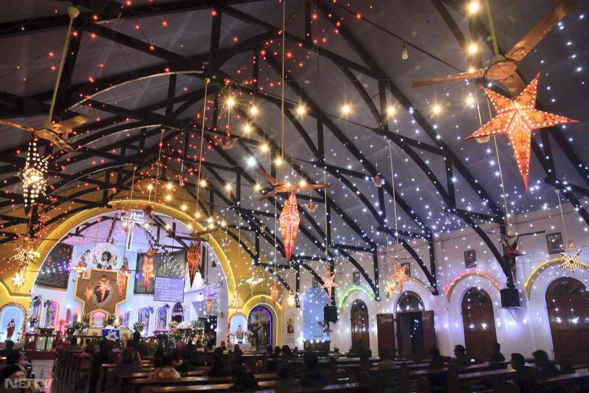 The Holy Trinity Church decorated on Christmas Eve in Jabalpur, Madhya Pradesh