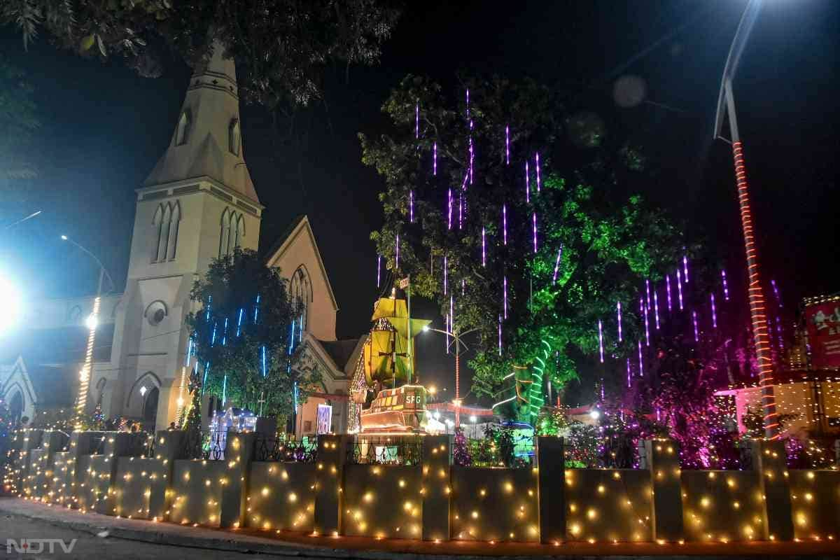 A church decorated with lights on Christmas Eve in Ranchi