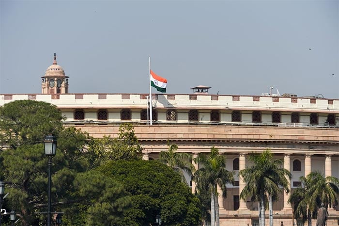 New Delhi: The Tricolour flies half-mast at Parliament to mourn the demise of legendary singer Lata Mangeshkar, in New Delhi, Sunday, February 6, 2022. (PTI Photo)