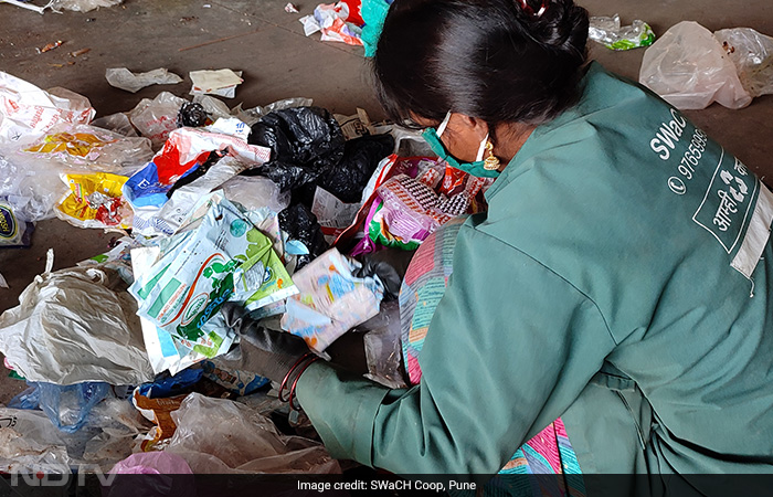 In parts of Pune, each household hands out waste segregated into three primary categories - wet, dry and sanitary waste including sanitary napkins, diapers and condoms. Along with this, thermocol waste is given separately as that is voluminous in nature. After door-to-door waste collection, waste pickers segregate and sort collected waste.