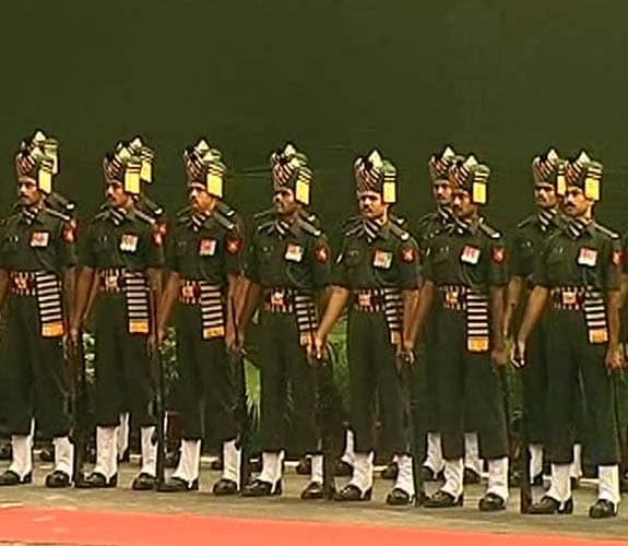 The Army contingent for the National Flag Guard is from the 10th Battalion of the Sikh Light Infantry (Parbat Ali).