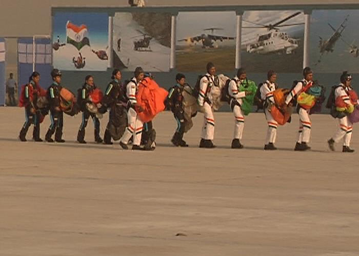 The members of the skydiving team Akash Ganga marched off to resounding applause.