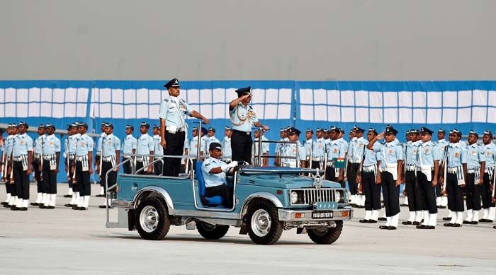 Indian Air Force chief NAK Browne watches the march past.