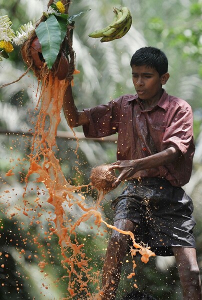 A child breaks the 'dahi-handi' during a celebration on the eve of Janmashtami. (AFP Photo)