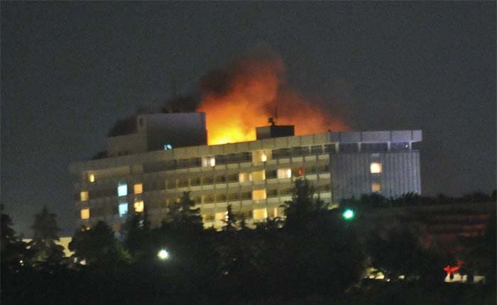 NATO helicopters fired rockets at gunmen on the rooftop of a besieged Kabul hotel early on Wednesday, ending a more than four-hour standoff between militants and police that left at least seven dead and eight others wounded, Afghan officials said.<br><br>Interior Ministry spokesman Sediq Sediqqi said six suicide bombers attacked the Inter-Continental hotel frequented by Afghan officials and foreign visitors. He said two were killed by hotel guards at the beginning of the attack and four others either blew themselves up or were killed in the airstrike or by Afghan security forces.<br><br>The Taliban claimed responsibility for the rare, nighttime attack in the capital -- an apparent attempt to show that they remain potent despite heavy pressure from coalition and Afghan security forces. (AFP Photo)