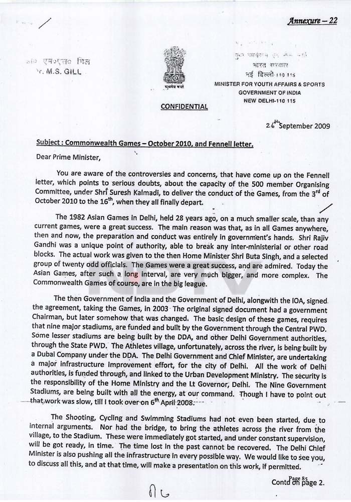 A confidential letter dated September 26, 2010, sent to the Prime Minister by MS Gill, the Minister for youth Affairs and Sports exprseeing his helplessness over the manner in which Suresh Kalmadui and the people appointed by him for the Games organising committee were functioning.<br></br> Page 1