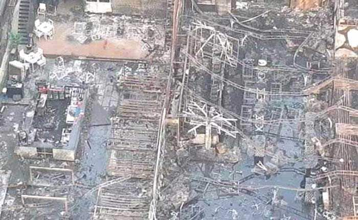 An aerial view of the rooftop restaurants that were razed by the fire.