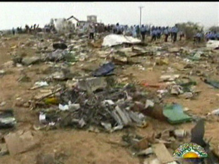 This image from Libyan television shows a portion of the widely strewn debris field from the Afriqiyah's flight. (AP Image)