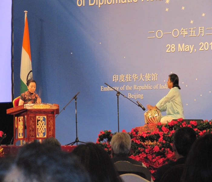 The Chinese People's Association for Friendship with Foreign Countries (CPAFFC) had organised a reception for the visiting Indian President Smt. Pratibha Patil on May 28, 2010. On that occasion, a performance of Indian Tabla and the Chinese instrument ?Yangqin', one of China's four most important traditional musical instruments, which resembles Santoor, was held. This performance by Chinese artist Ms. Liu Yuening and Shri Chakravarty from the Indian Embassy Culture Wing was much appreciated by the audience including the President herself and Chinese Vice President Xi Jinping.