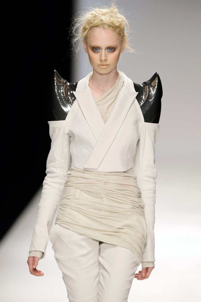 A model wears a creation by designer Todd Lynn at London Fashion Week in London Monday, Sept. 21, 2009. (AP Photo/ Alastair Grant)