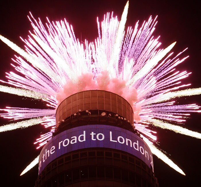 The BT Tower in central London was lit up by a spectacular fireworks display to mark the 1,000 day countdown until the London 2012 Olympics. (AP Photo)