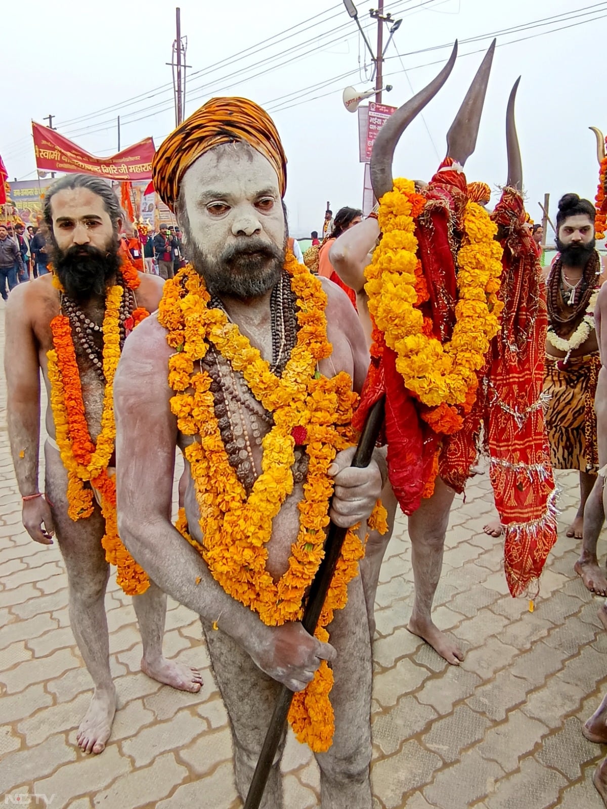 आनंद अखाड़े की भव्य शोभा यात्रा में बाजे-गाजे के साथ सबसे आगे धर्म ध्वजा चल रही थी.