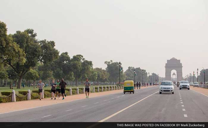 Tech giant's CEO also made a short visit to India Gate in the capital with his team members from Facebook jogging around the war memorial near Rajpath.