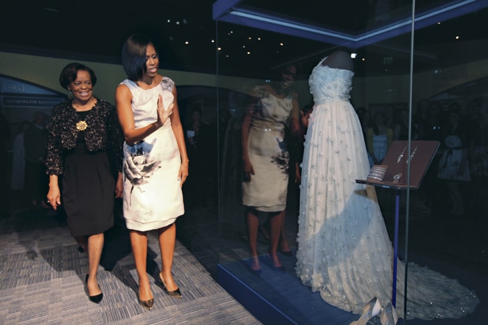 Dotted with beads and covered in fabric petals, Mrs. Obama's gown was a star attraction at 10 inaugural balls held on a frigid Jan. 20, 2009 to celebrate Barack Obama's swearing-in earlier that day as the nation's 44th president. (AP Photo)