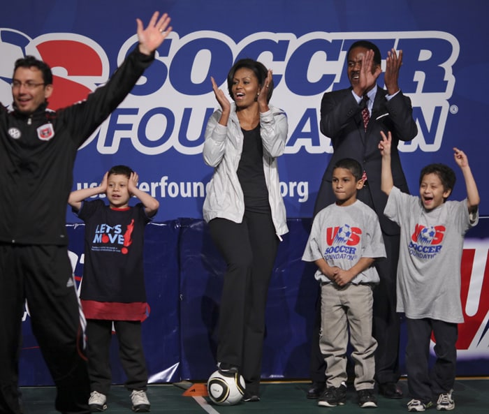 Mrs. Obama said soccer gets people moving and their hearts beating. (AP Image)