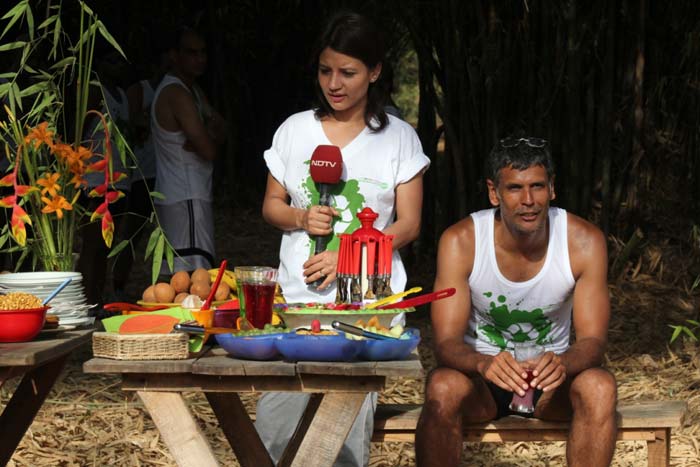 NDTV's Gargi Rawat alongside Milind Soman, who takes a breather here.