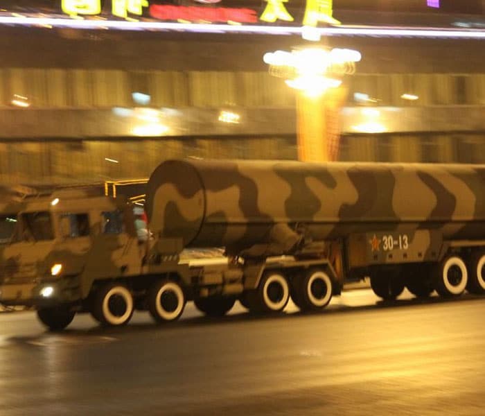 <p>The world got a first look at China's military might during the country's 60th anniversary celebrations on Thursday.</p>
<p>Seen in this picture is the DF-31 intercontinental missile. With a range of 13,000 km, it is capable of attacking not just any spot in India but parts of the US as well.</p>
<p>Some analysts believe that it is highly mobile and can be launched from anywhere. What makes them more deadly is that they can carry nuclear warheads.<br />
</p>