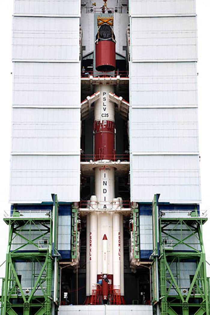 PSLV-C25 third and fourth stages being placed on top of the second stage at the Mobile Service Tower.<br><br>Photo Credit: ISRO