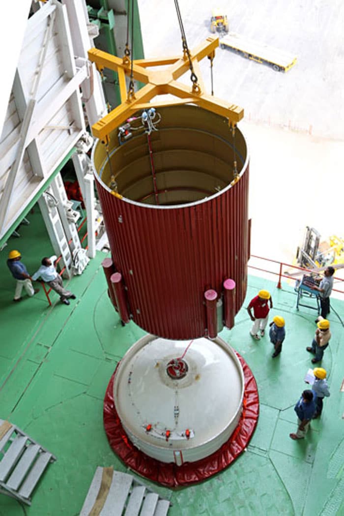 Hoisting of an interstage of PSLV-C25 during vehicle integration.<br><br>Photo Credit: ISRO