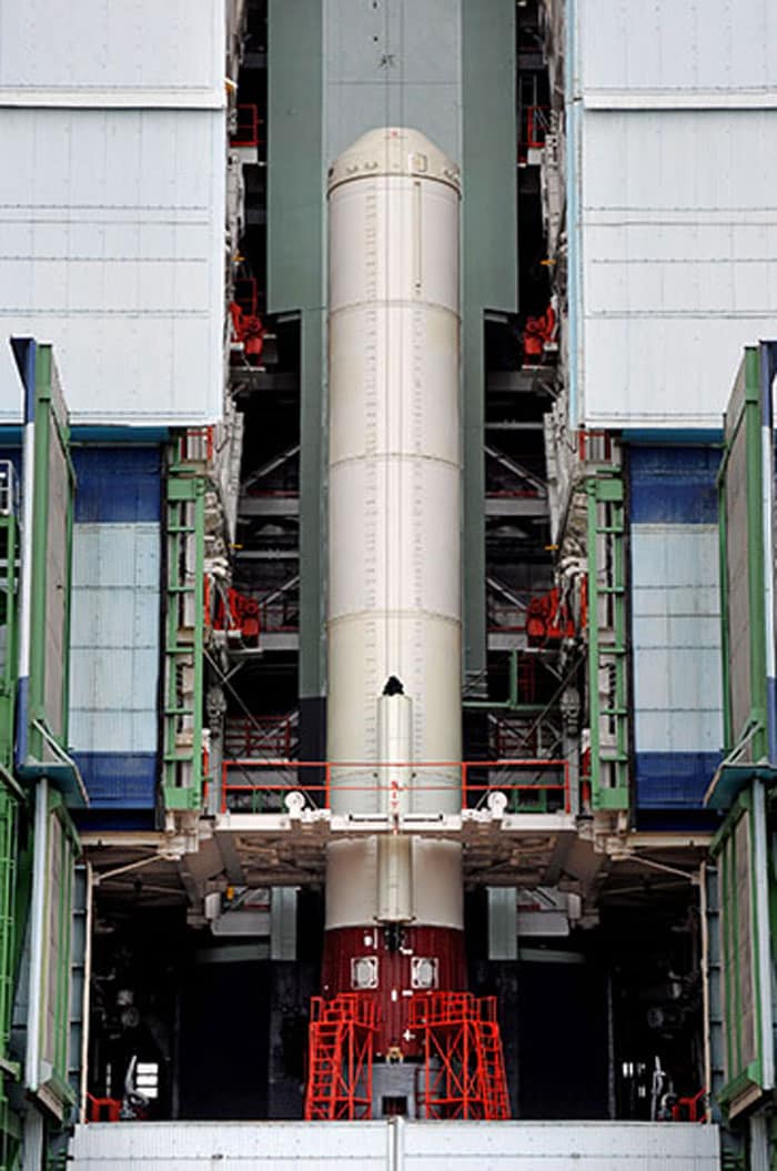 Fully integrated first stage of PSLV-C25 in the Mobile Service Tower.<br><br>Photo Credit: ISRO